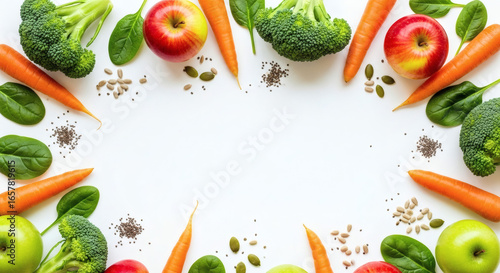 Fresh Vegetables and Fruits Border, Healthy Eating Concept, Colorful food assortment with broccoli, carrots, apples and spinach in natural light, Top view