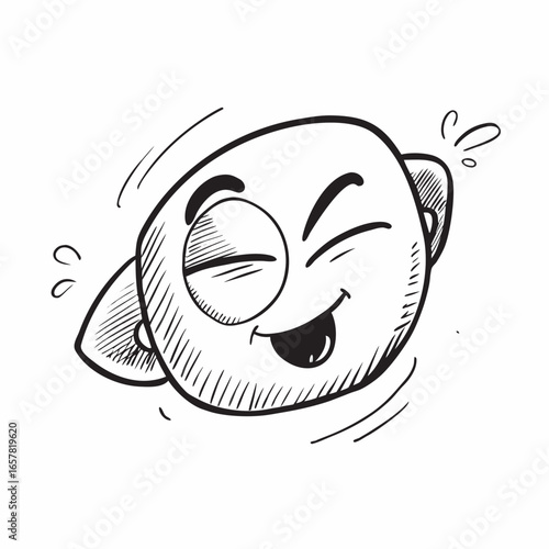 Expressive cartoon character smiling broadly with one eye closed, radiating joy and amusement, perfect for adding playful elements to designs