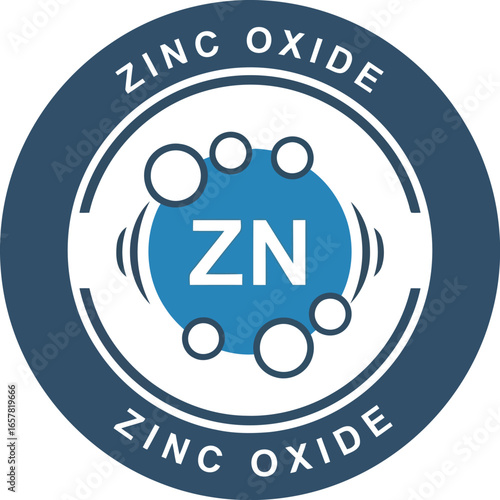 Circular emblem or badge featuring the chemical symbol for zinc oxide zn surrounded by bubbles and text indicating zinc oxide