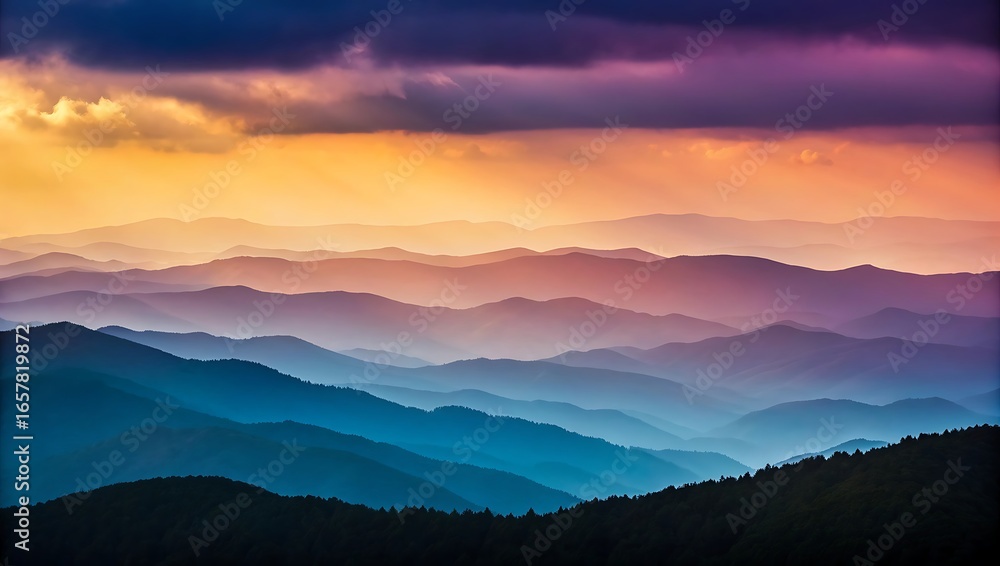 Fototapeta premium Layered Mountain Range at Sunset with Colorful Skies and Dramatic Clouds Panoramic Landscape
