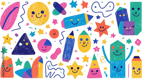 Crayon style cartoon shapes and faces for kids art projects, education materials, book illustrations, and fun design projects.