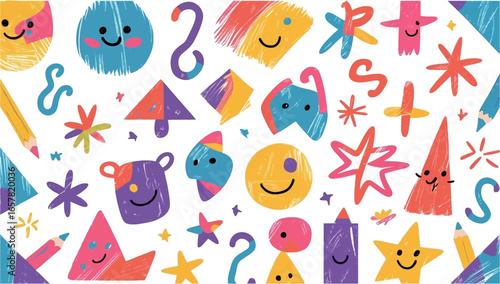 Colorful, smiling shapesstars, triangles, circlesartfully arranged. Perfect for cheerful designs, marketing materials, childrens products, or playful concepts.