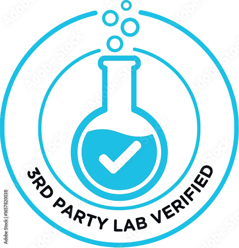 Circular emblem with a laboratory flask and a checkmark inside signifying third party lab verified quality and safety standards