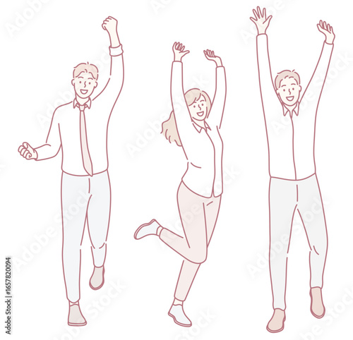 A vibrant vector illustration of joyous individuals with arms raised, celebrating life in energetic poses