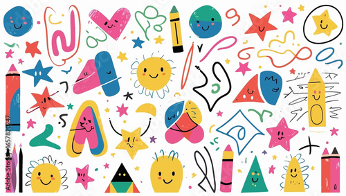 Drawings featuring shapes, stars, and smiling objects suitable for childrens books, educational materials, and websites.