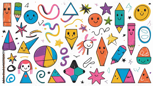 Handdrawn doodles including faces, stars, and pencils on a white background. Perfect for creative design projects and educational materials.