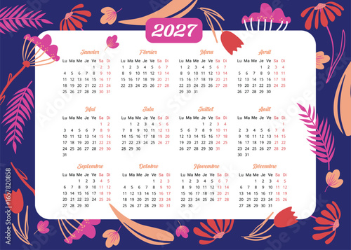 2027 Calendrier en français, tous les mois de l'année sur un fond au motifs fleurs et plantes abstraites
