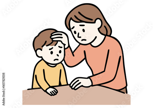 子どもの看病をする母親のイラスト