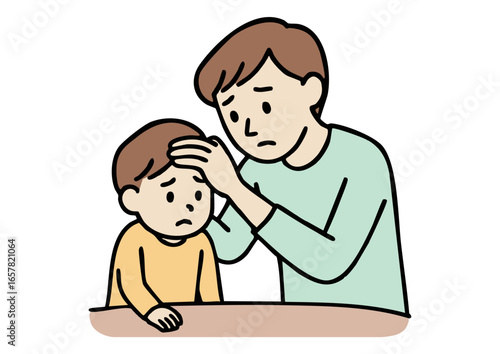 子どもの看病をする父親のイラスト