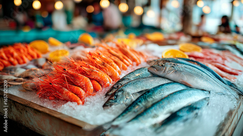 Fresh seafood display with fish and shrimp on ice at market stall