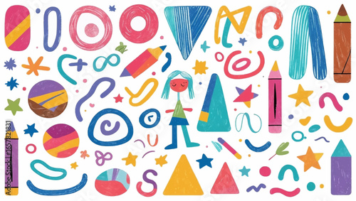 Crayonstyle drawings of various shapes and objects. Great for educational materials, art projects, and childrens products.
