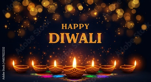 Happy diwali text illuminated by numerous glowing diyas and golden bokeh lights, set against a dark, festive background with colorful powder