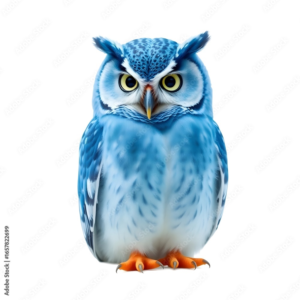 Obraz premium A majestic blue owl with intricate feather patterns and large round eyes is perched in the center of a crisp white background