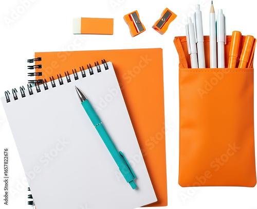 A turquoise pen rests on a white notebook with an orange notebook and pencil case stationery writing transparent background