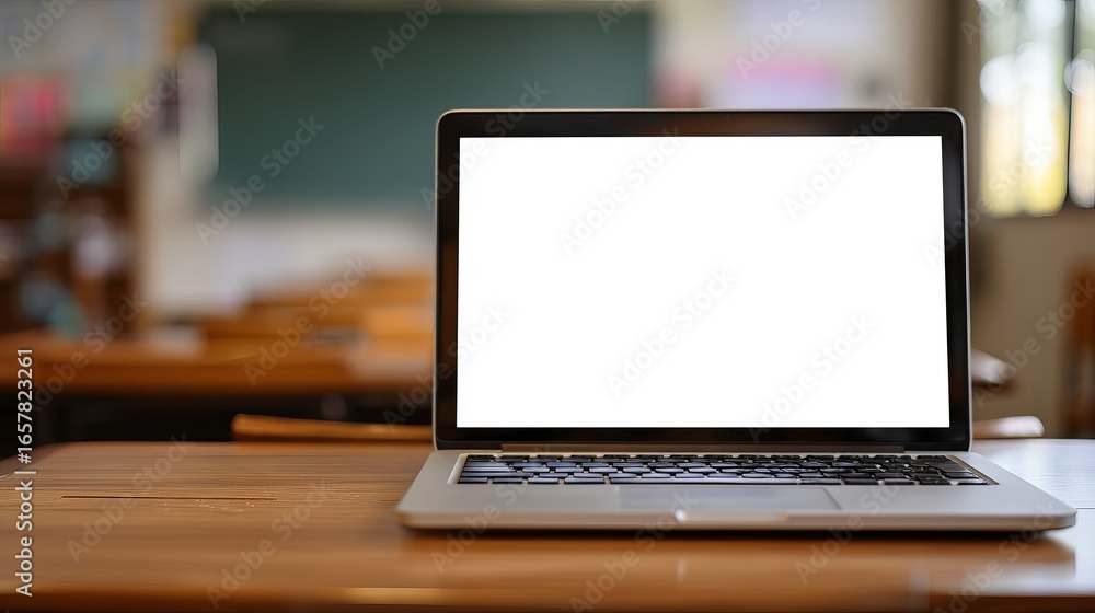 Fototapeta premium Clean laptop with a blank screen ready for your content in a bright classroom setting for education