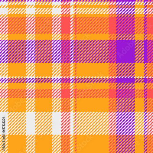 Colorful plaid pattern with orange, purple, coral, and white hues. Textile design with a retro feel, perfect for backgrounds or graphic elements. Warm, vibrant aesthetic.