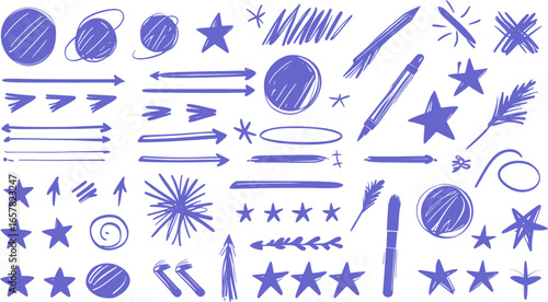 Abstract blue doodle background with stars, arrows, and circles. Suitable for creative projects needing a whimsical touch and trendy design.