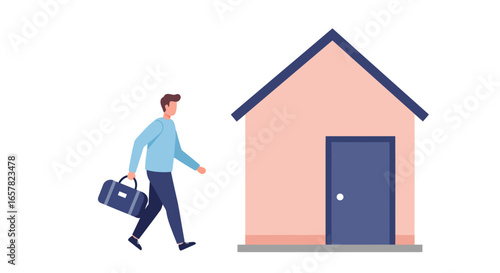 Man walking towards house carrying a bag, vector illustration. Coming back home concept. Ended vacation or business trip. Reconnection with family