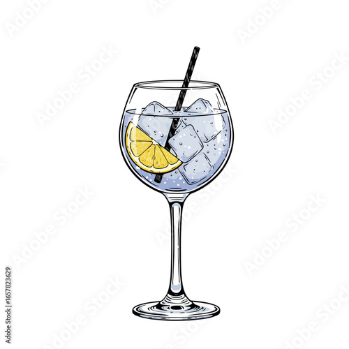 Glass of gin and tonic with ice and lemon slice. Bluish ocktail with straw. Summer, vacations, weekend and holidays. Bars and restaurants drink menu, nightlife