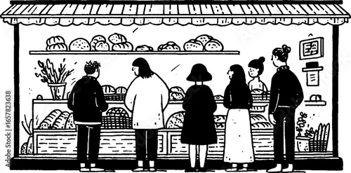 Minimalistic black and white illustration of bakery with people lined up for fresh bread