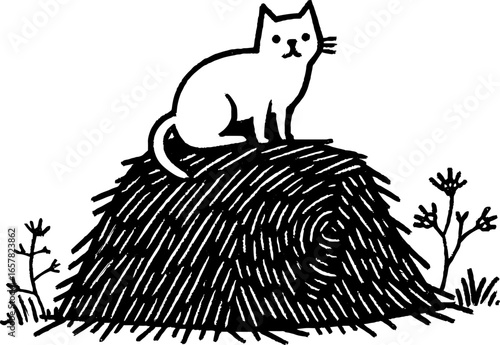 Minimalistic black and white cat illustration on haystack - unique design for prints