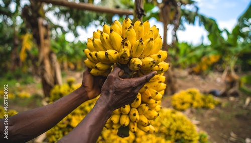 Close-up of dark-skinned hands carefully holding a bunch of ripe yellow bananas hanging from a tree in a lush tropical plantation.