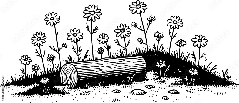 Obraz premium Minimalistic black and white nature scene with log and wildflowers