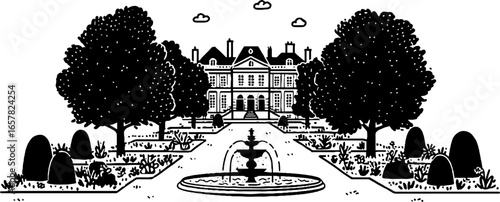 Elegant french chateau with garden fountain in minimalistic black and white design