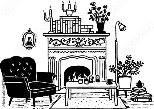 Cozy minimalistic living room scene with fireplace and armchair illustration