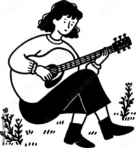 Minimalistic black and white illustration of a girl playing guitar outdoors