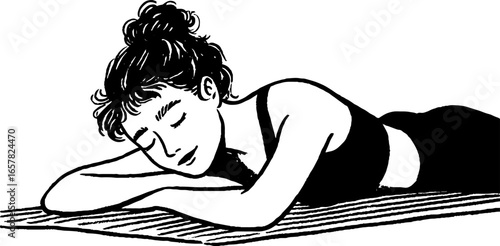 Minimalistic black and white illustration of relaxing woman for wellness design