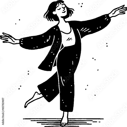 Joyful expression in minimalistic black and white dancing figure