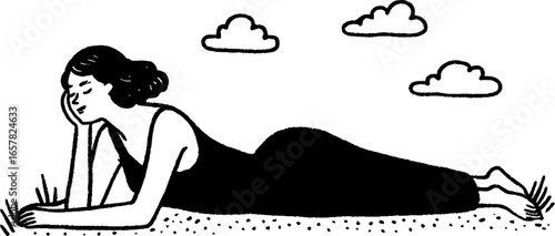 Minimalistic black and white illustration of a woman relaxing outdoors with clouds in the background