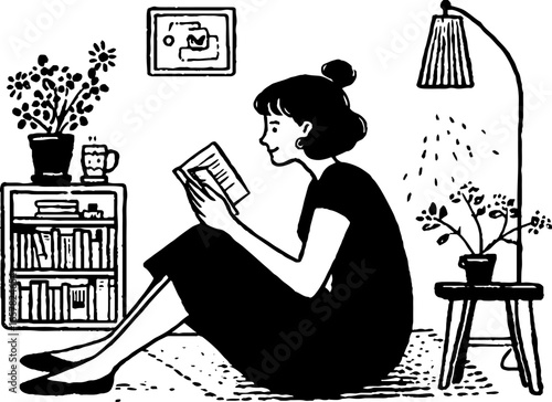 Minimalistic black and white illustration of a woman reading at home