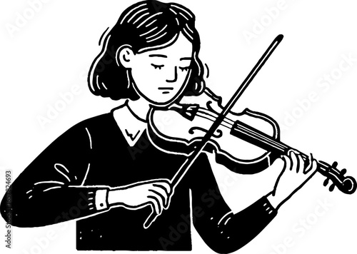 Minimalistic black and white drawing of a young female violinist playing music