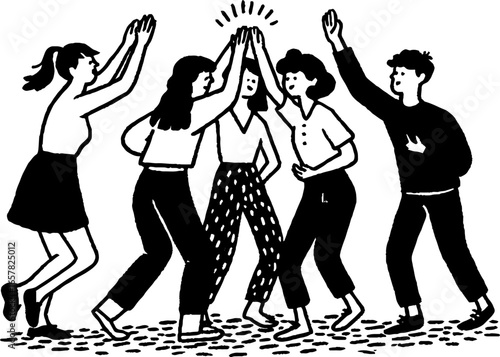Minimalist black and white illustration of group high-five celebration