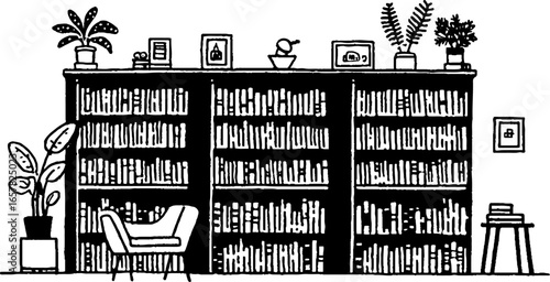 Minimalistic black and white library illustration with potted plants and shelves for design projects