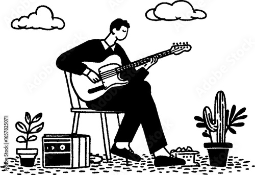Minimalistic black and white guitarist scene with plants and clouds for art and design