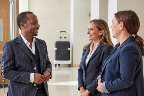 Wallpaper Mural Young adult Black man smiling and talking with two young adult Caucasian women in business attire standing in modern office hallway, all appearing engaged in conversation Torontodigital.ca