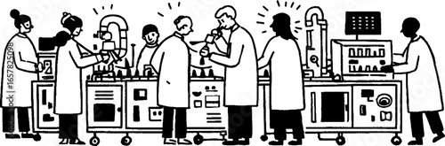 Minimalistic black and white laboratory scene with scientists working on research and experiments
