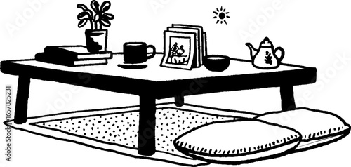 Cozy minimalistic black and white tea time scene with cushions and plants