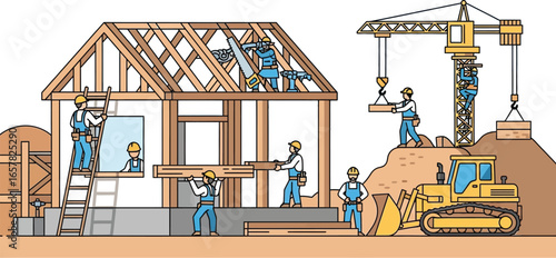 Construction workers building house with crane and bulldozer