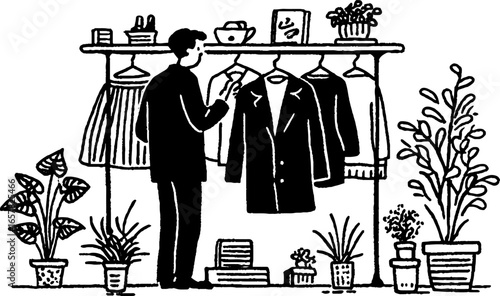 Minimalistic black and white illustration of man in clothing store with plants for fashion design