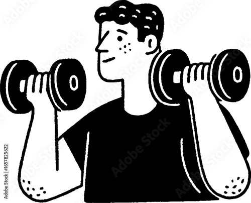Minimalistic black and white illustration of a person lifting dumbbells for fitness motivation