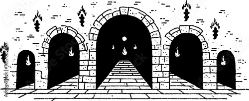 Minimalistic black and white illustration of mysterious arched passageway with torches