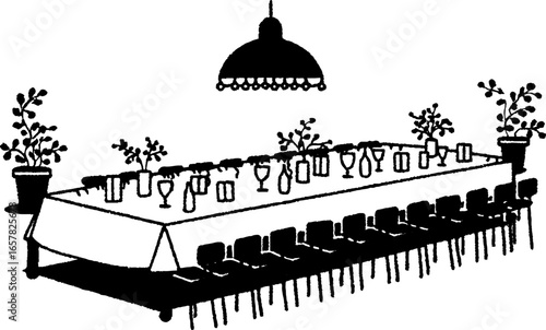 Minimalistic black and white dining table setup illustration for event design