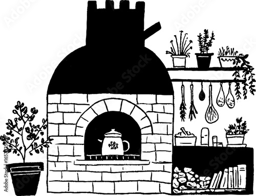 Minimalistic black and white fireplace kitchen scene for design and decor