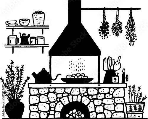Rustic kitchen scene with stone fireplace and herb decor illustration