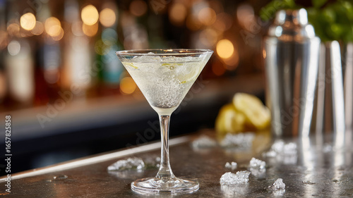 Wallpaper Mural Chilled martini glass on bar with ice and lemon garnish. Torontodigital.ca
