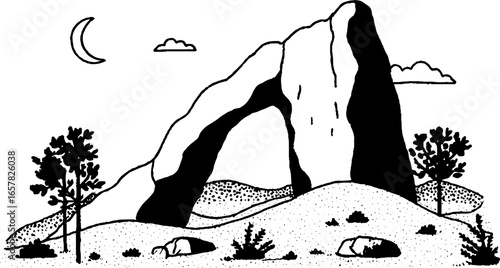 Minimalistic black and white landscape with natural arch and moonlit sky